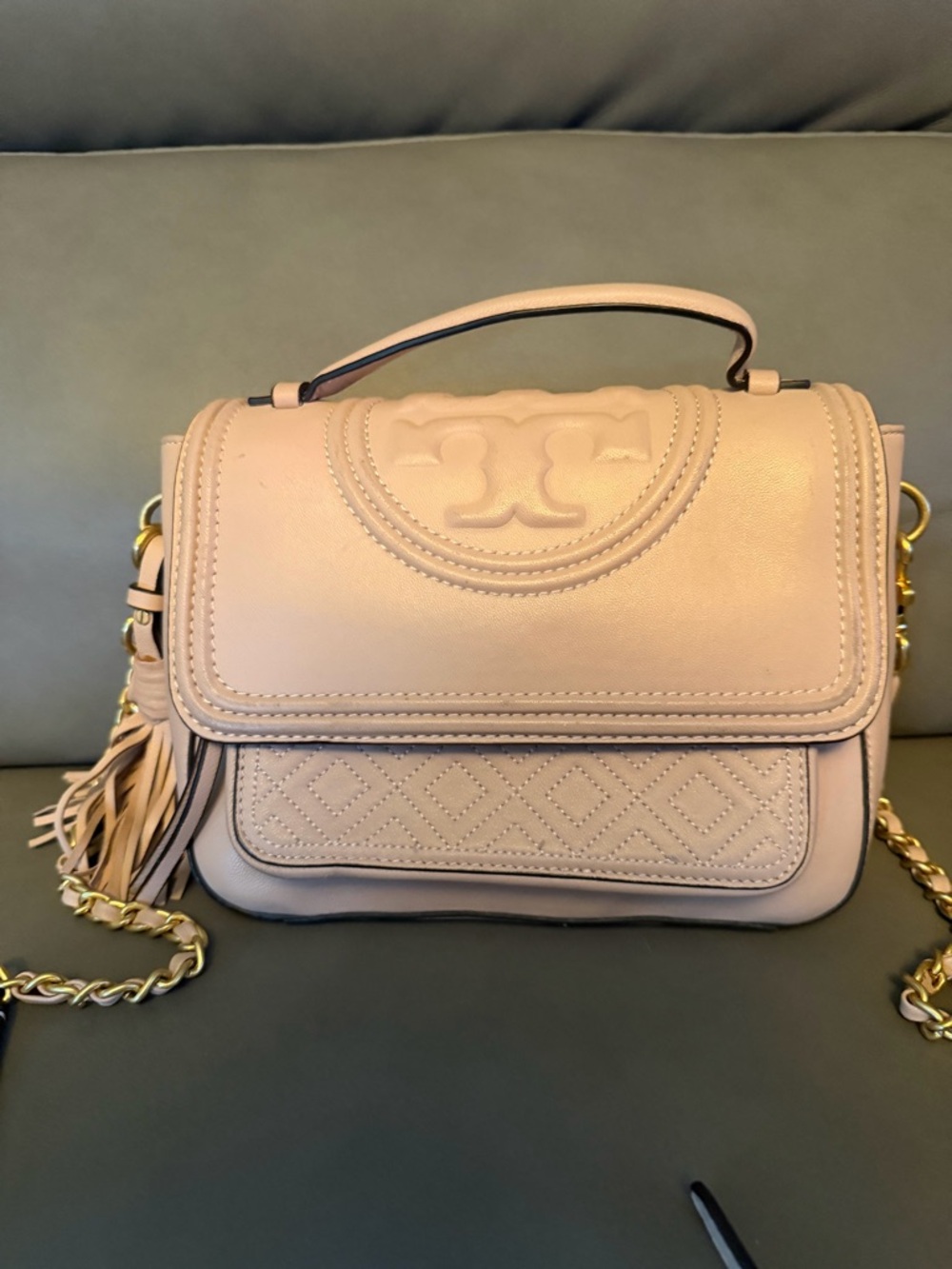 Tory Burch Blush Leather Top-Handle Shoulder Bag with Tassel